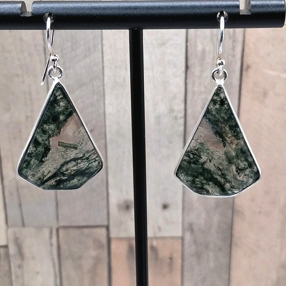 Moss Agate Earrings Sterling Silver 925 Dangle Drop Scenic Stone Southwestern